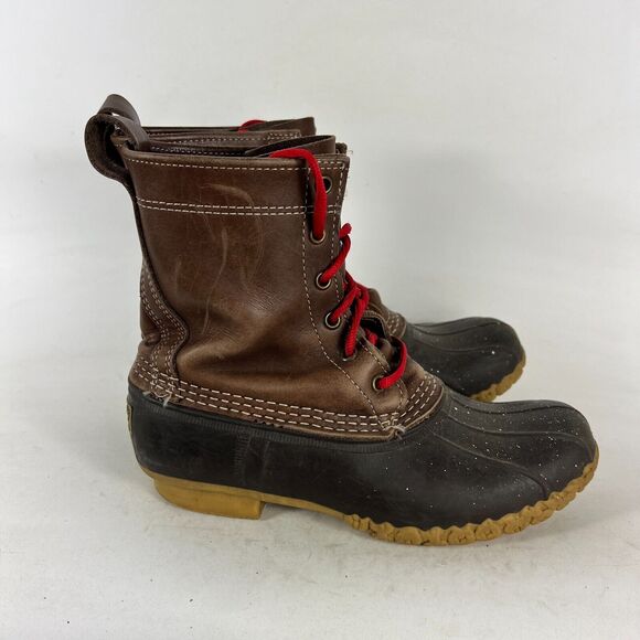 L.L.Bean Women's 7 Brown Buffalo Leather Lace-Up Mid Calf Round Toe Duck Boots - Picture 2 of 9